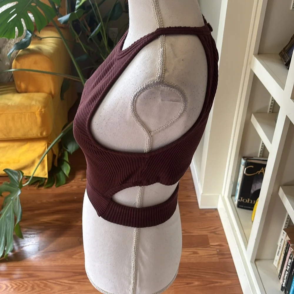 Free People Burgundy Cropped Ribbed Tank Top with Cutouts Size XS‎